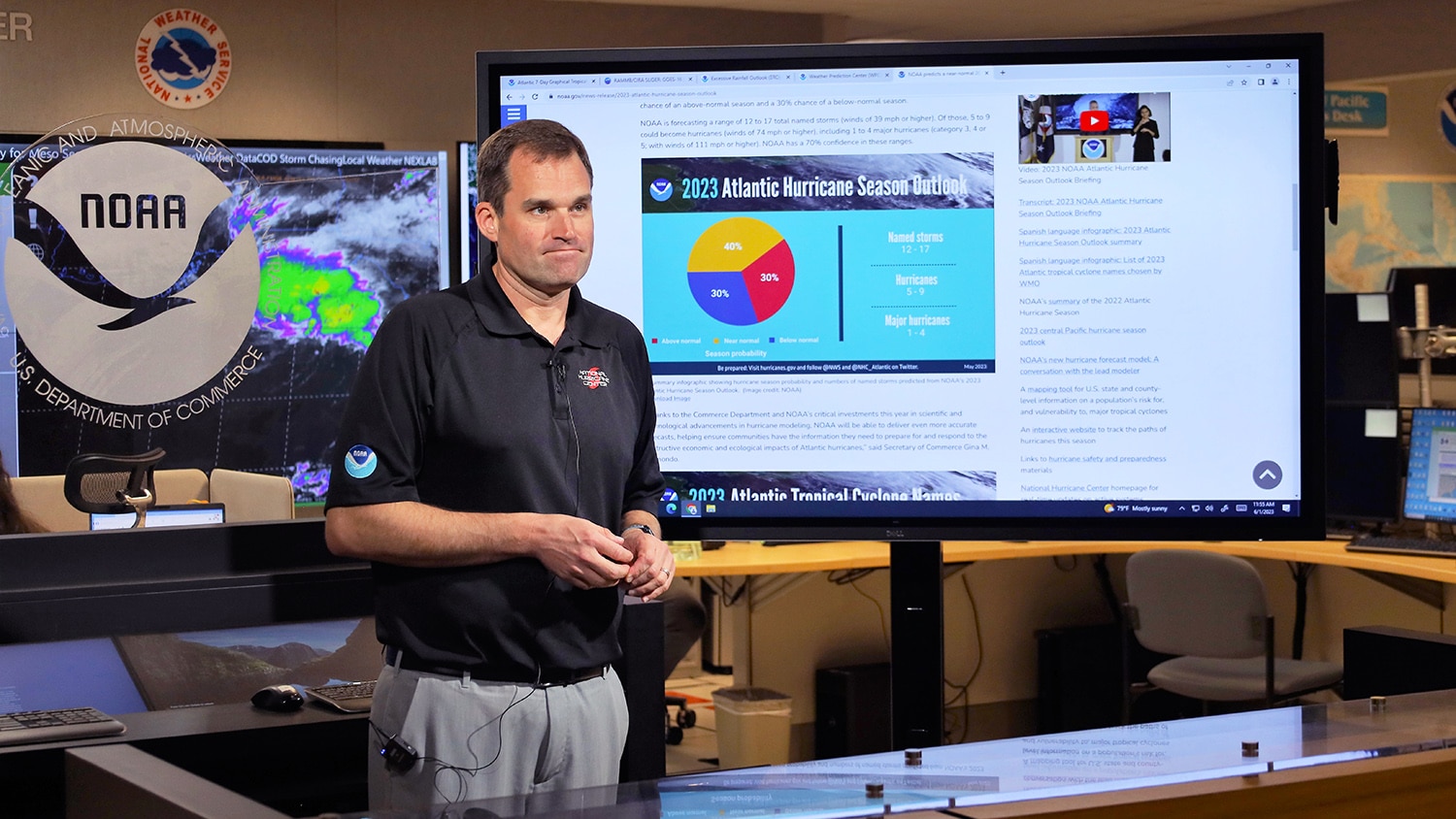 Michael Brennan站在大屏幕前显示2023飓风季节的图形